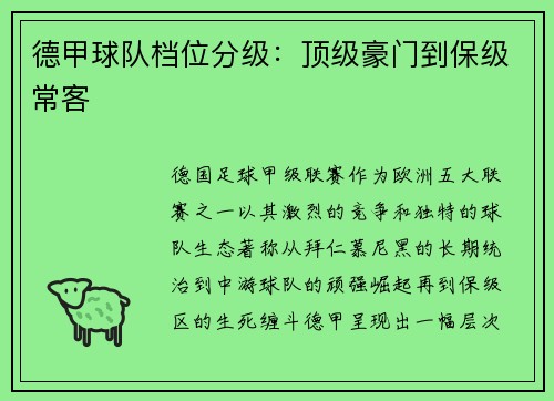 德甲球队档位分级：顶级豪门到保级常客